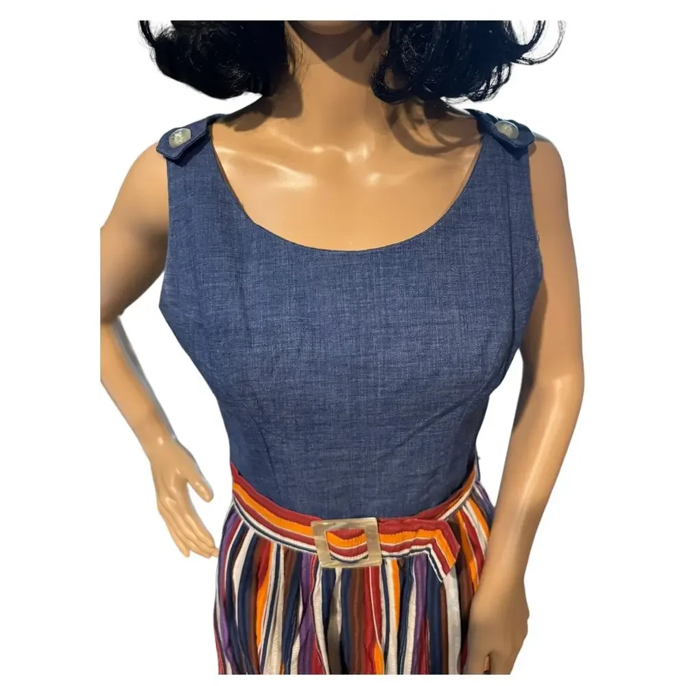 Vintage 1970s PLW Denim & Striped Prairie Midi Dress Boho Belted